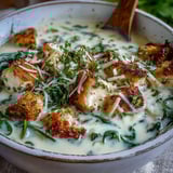 A ladle serving Golden Garlic Parmesan Chicken Soup from a rustic pot, showcasing its velvety texture and tender chicken pieces.