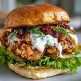 The finished Spicy Chicken Sandwich stacked high with dill pickles and juicy tomato slices on a wooden serving board.