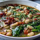 Creamy white bean and spinach soup with fresh vegetables, Italian herbs, and a sprinkle of Parmesan cheese.  