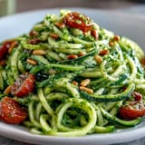 Avocado Pesto Zucchini Noodles: a close-up of this healthy, low-carb dish with basil and avocado.