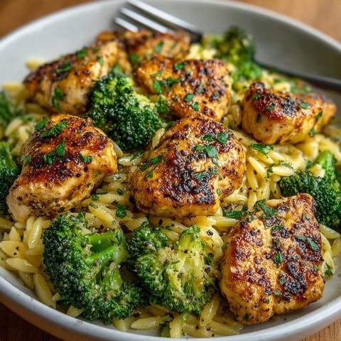 Golden Lemon Pepper Chicken & Broccoli Orzo Skillet sizzling, ready for a fast weeknight dinner.