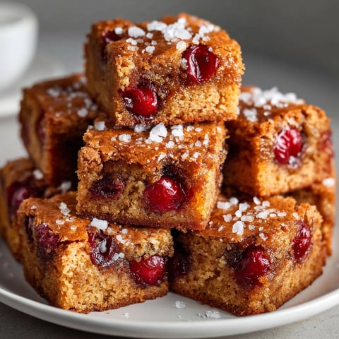 Golden Salted Brown Butter Blondies with Cherries: chewy, buttery delight perfect for dessert.