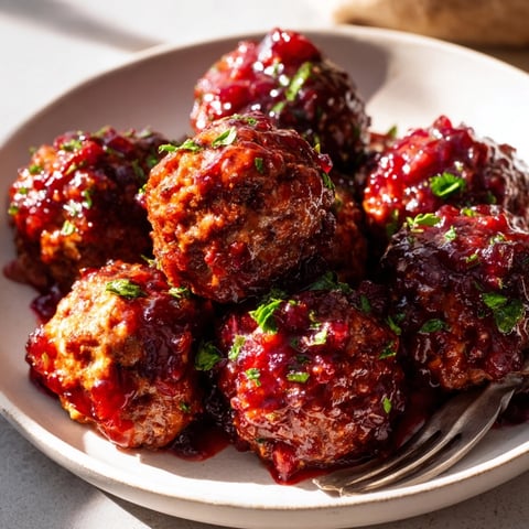 Close-up of glistening Sweet & Savory Cranberry Meatballs, sauced, ready to be served warm.