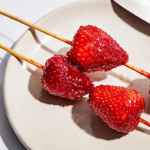 Golden, glassy candied strawberry tanghulu on skewers; crunchy homemade sweet snack cooling on parchment.