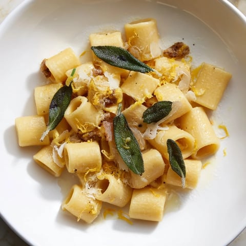 Golden brown butter coats the ditalini pasta, sprinkled with crispy sage leaves in this photo.