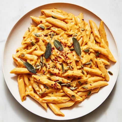 Steaming bowl of Vegan Creamy Pumpkin Pasta, garnished with toasted pumpkin seeds and fresh sage.