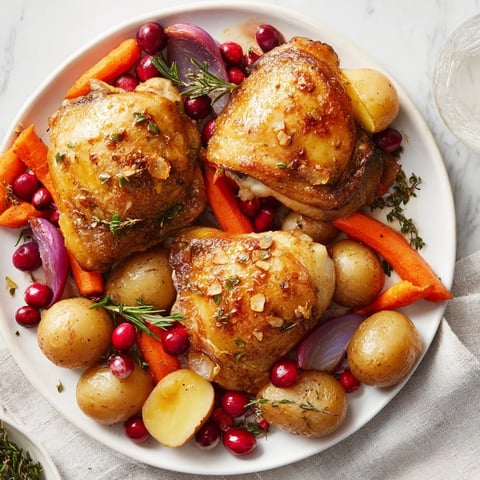 Golden-brown One-Pan Olive Oil Roast Chicken with jewel-toned cranberries, herbs, and vibrant vegetables.