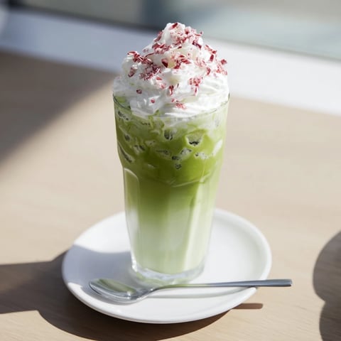 Sugar-Free White Chocolate Candy Cane Iced Matcha layered with whipped cream and crushed candy canes for a festive drink.