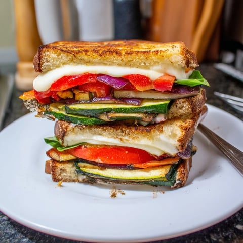 Sheet-Pan Roasted Veggie Caprese Grilled Cheese with melted mozzarella and perfectly toasted sourdough bread.