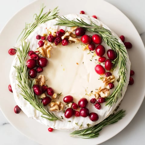 Creamy Brie cheese wheel with a vibrant rosemary wreath, ready to be enjoyed with crackers.