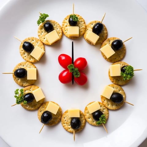 Clock Countdown created with crackers and cheese, looks delicious for New Year's Eve party appetizers.