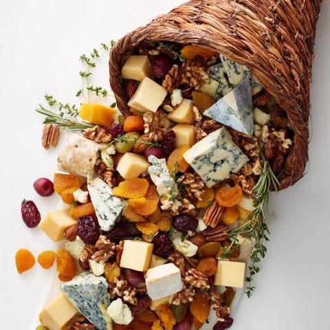 Autumn Harvest Horn of Plenty overflowing with colorful dried fruits, nuts, and cheeses, ready to serve.