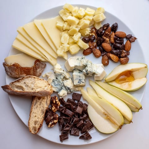 A rustic, inviting Fireside Comfort & Cocoa platter with dark chocolate and creamy cheeses.
