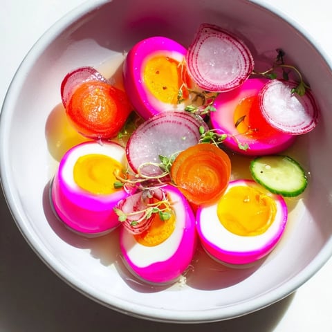 Vibrant The Neon Night platter of colorful pickled veggies, beet-dyed eggs, and juicy fruits ready to serve.