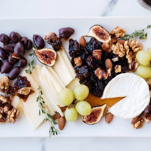 A beautifully arranged Winter Solstice Board featuring Brie, figs, and olives, ready to serve.
