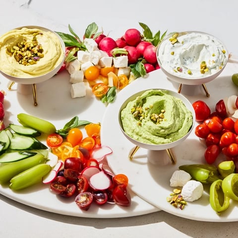 A vibrant, colorful overhead shot of "The Hanging Gardens" appetizer with fresh vegetables and cheeses.