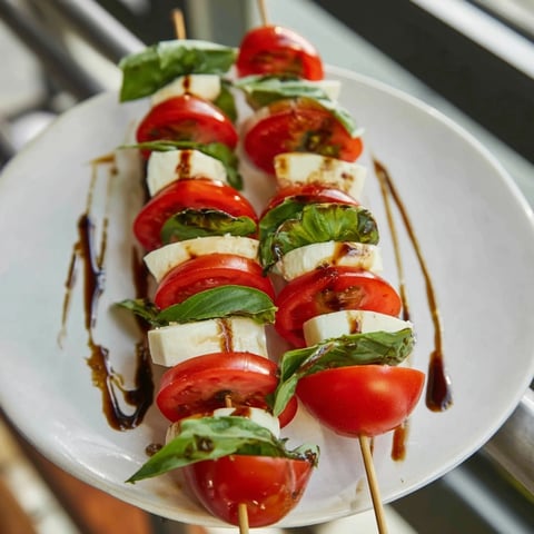 Elegant Tuscan Pillar appetizer with red tomatoes, creamy mozzarella, and a balsamic glaze drizzle.