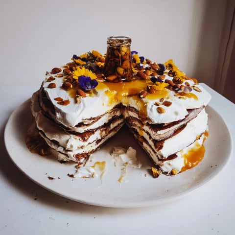 Golden, layered The Honey-Drip dessert with drizzles and warm honey center, ready to serve.