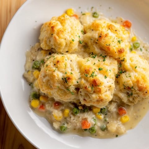 Steaming hot Chicken Cobbler with Red Lobster Biscuit topping, ready for serving alongside fresh parsley.