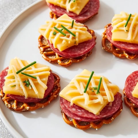 Crispy pretzel lattice atop layered meats and cheeses makes this lattice window appetizer irresistible.