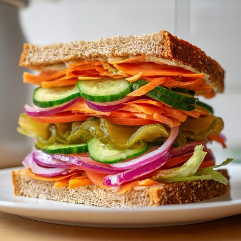 A stacked crunchy dill pickle sandwich features vibrant veggies and creamy herb spread.