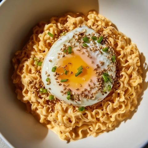 Steaming bowl of Instant Cheese Ramen, creamy with melted cheese and a soft poached egg.