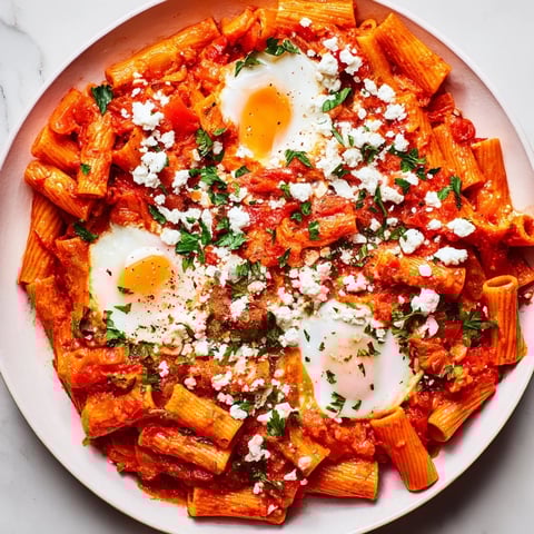 Quick Shakshuka Pasta with runny egg yolk, vibrant tomato sauce, and fresh herbs, ready to serve.