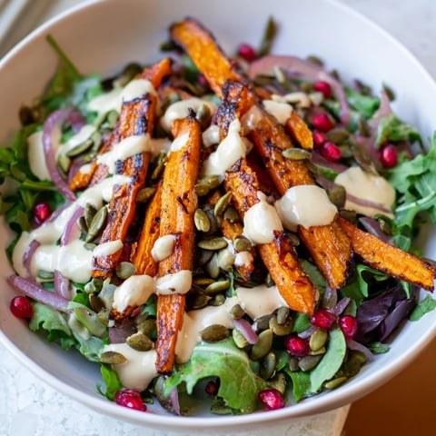 Golden roasted carrots glistening with the creamy tahini-lemon drizzle in this vibrant salad.