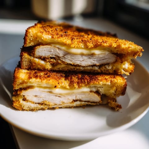 Crispy Parmesan Chicken Thighs Grilled Cheese: golden, bubbly cheese melting around a toasted sandwich, ready to bite.