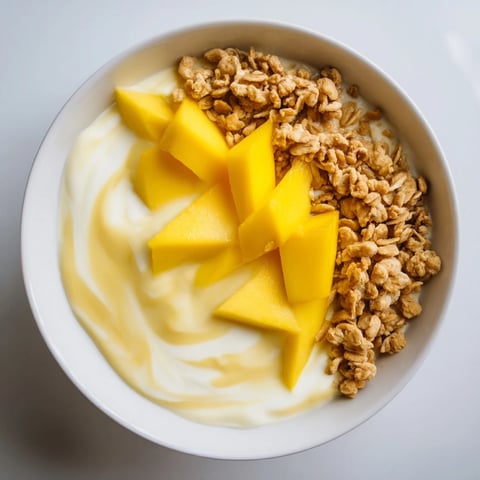 Refreshing mango blended overnight oats swirled with yogurt, topped with golden granola, ready to eat.