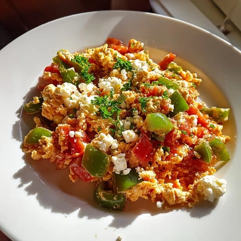 Golden, creamy Turkish Menemen scramble, served hot with crusty bread, featuring vivid tomatoes.