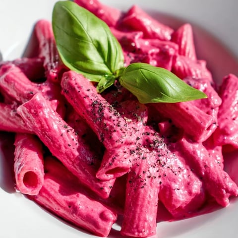 Creamy pink pasta with beet cream sauce in a white bowl, garnished with fresh basil and extra Parmesan.