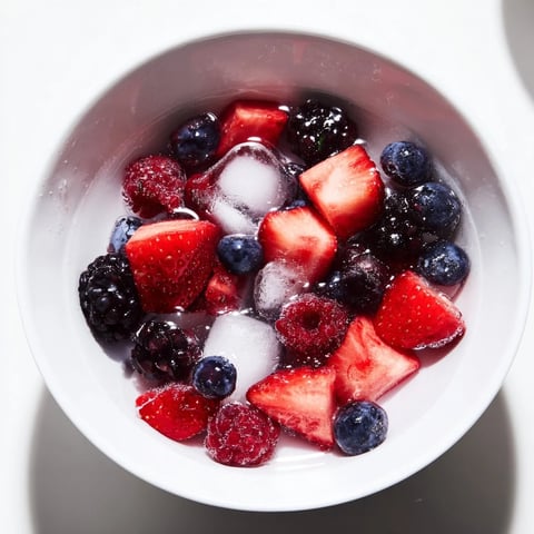 Chilled Nature's Cereal Bowl brimming with fresh blueberries, raspberries, and strawberries floating in clear coconut water with ice cubes.  