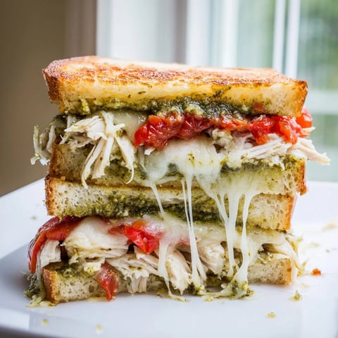 A close-up of a golden, buttery Mozzarella Pesto Chicken Grilled Cheese, with melted cheese oozing from the toasted sourdough.