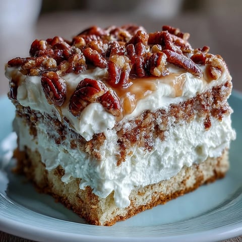 Freshly baked Butter Pecan Tres Leches Cake soaked in a creamy milk mixture, topped with sweet whipped cream and glossy caramelized pecans.
