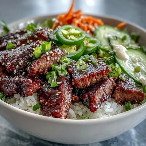 Fluffy rice and sesame-ginger beef piled high in a bowl, topped with tangy pickled carrots and crisp cucumber slices.  