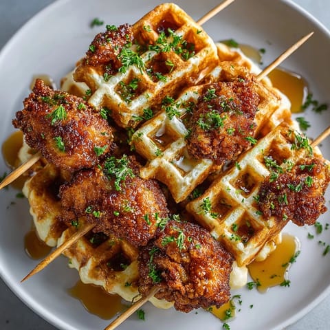 Close-up of crispy Chicken and Waffle Bites drizzled with maple syrup, ready to eat.