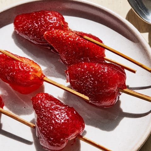 Skewer of vibrant, red Candied Strawberry Tanghulu, glistening with sugar; a sweet and crisp treat.