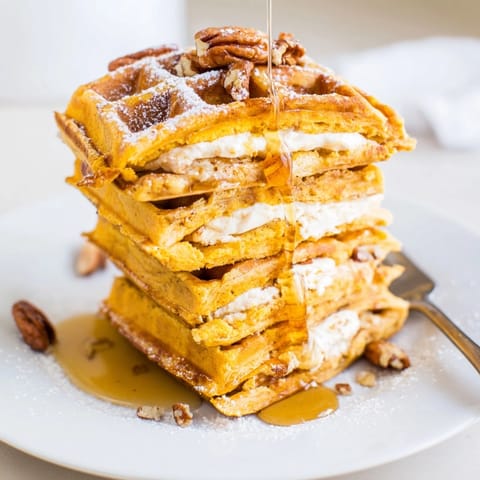 Stacked ricotta pumpkin waffles show autumn spices atop warm, sweet brunch stacks.