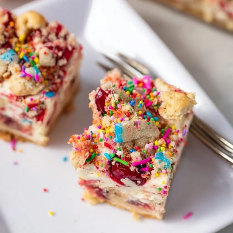 Decadent cherry cheesecake birthday cake bars served on a festive plate for dessert.  