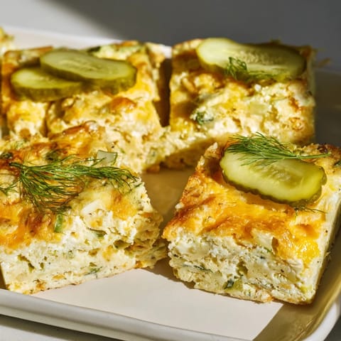 Fluffy pancake squares filled with tangy dill pickles and fresh herbs, perfect for brunch.  