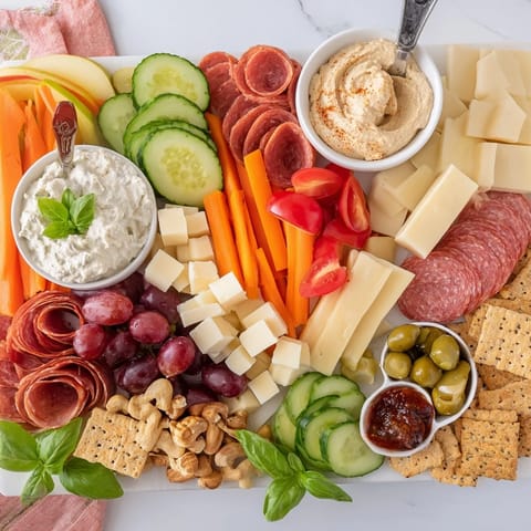 Colorful charcuterie-style girl dinner platter loaded with snacks, cheeses, and fresh vegetables.  