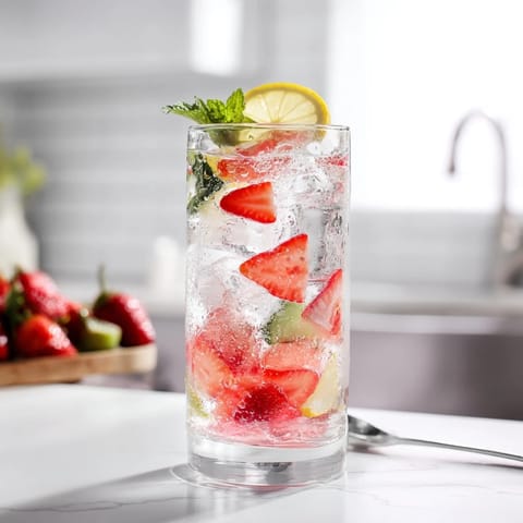 Colorful mocktails infused with strawberries, lemon, and herbs for a healthy drink.  