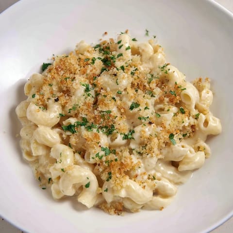 A close-up of creamy Truffle Macaroni & Cheese, rich with cheese and truffle aroma, ready to serve.