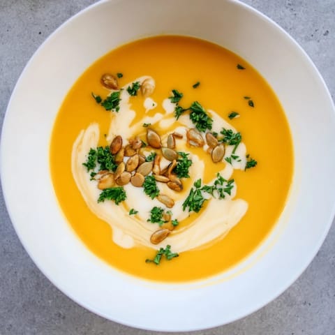 Creamy butternut squash and pear soup with a swirl of coconut milk, perfect for a cozy supper.