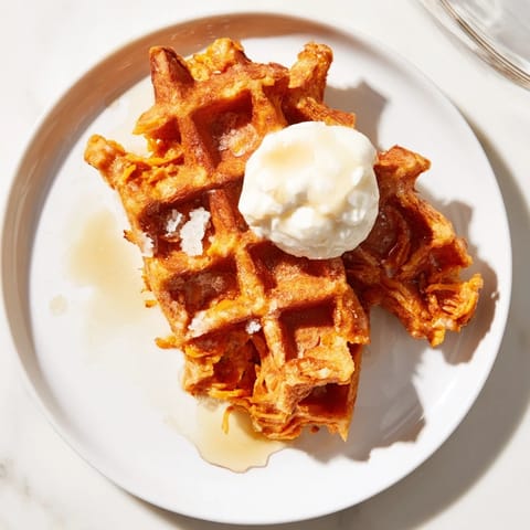 Crispy, delicious Sweet Potato Waffle Hack, easily made at home and piled high with toppings.