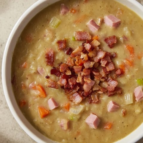 A steaming bowl of split pea soup with tender ham, perfect for a warming autumn lunch.