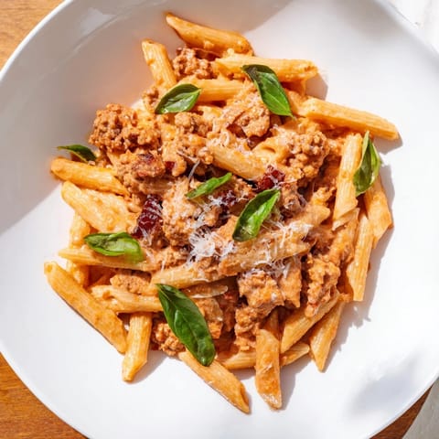 Sizzling Creamy Tomato and Sausage Pasta with Parmesan, ready to serve with fresh basil garnish.