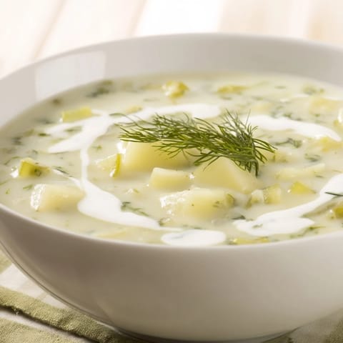 Thick, comforting creamy dill pickle soup, perfect with a crusty roll and a delightful dill pickle.