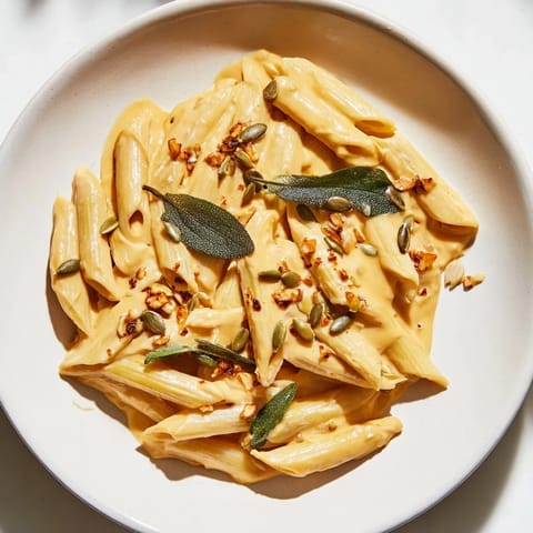 Rich and vibrant: a picture of Vegan Creamy Pumpkin Pasta with a smooth, velvety sauce.